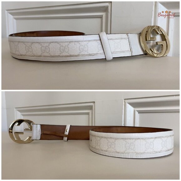 Authentic GUCCI White GG Plus Coated Canvas Leather Interlocking G Belt 80/32 - Picture 10 of 13